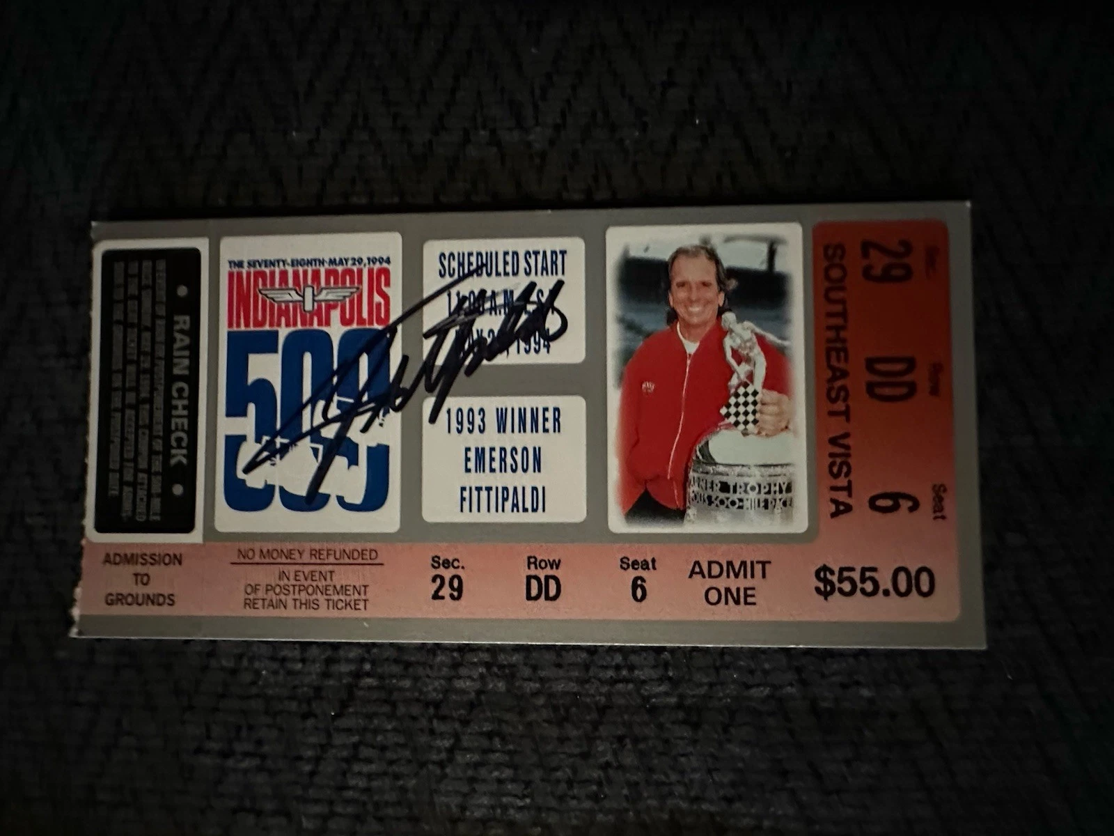 1994 Indy 500 Emerson Fittipaldi Signed Ticket Stub (1993 Indy Race Winner) Auto
