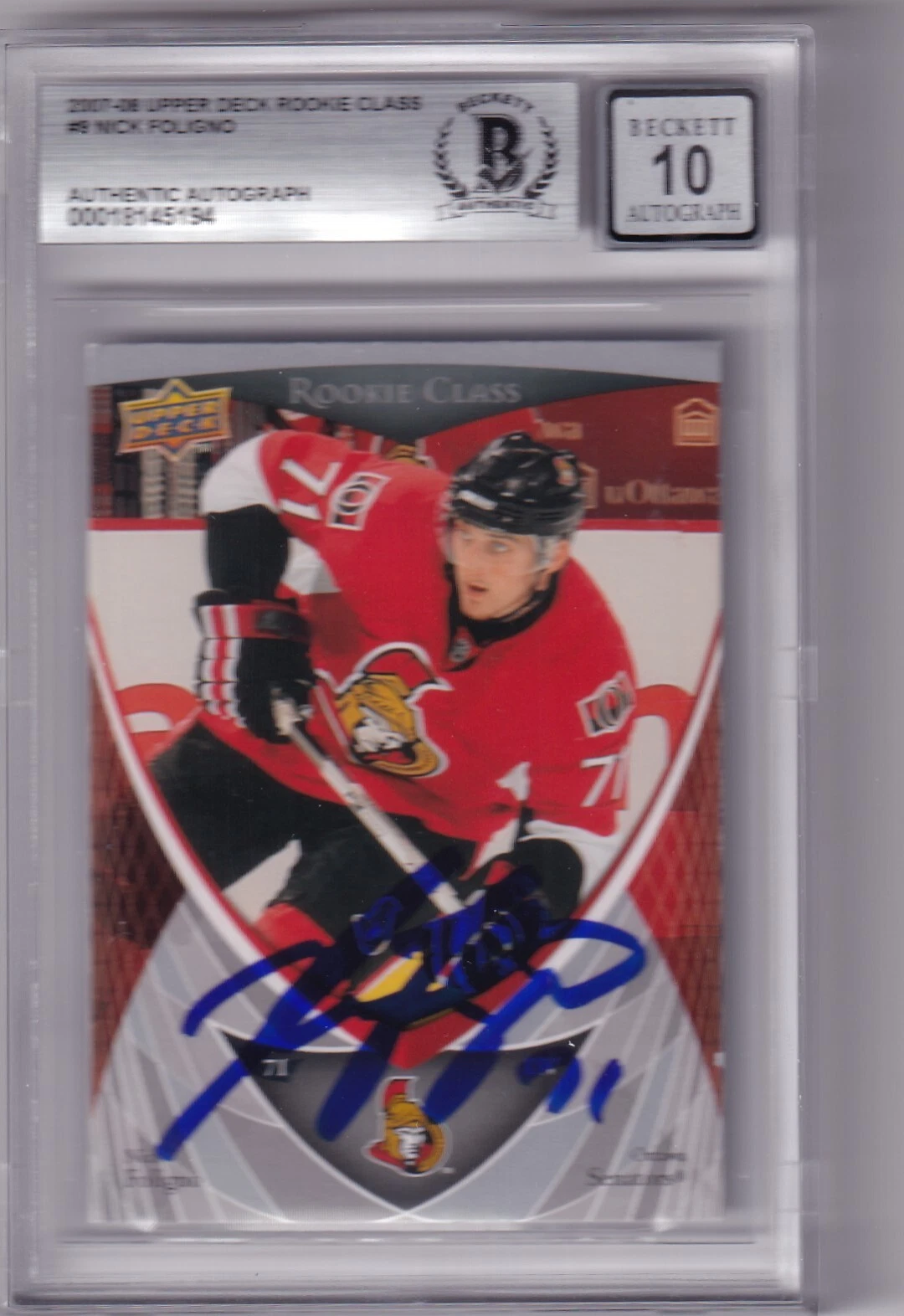 NICK FOLIGNO signed 2007-08 Upper Deck RC card *BLACKHAWKS* BECKETT 00018145194