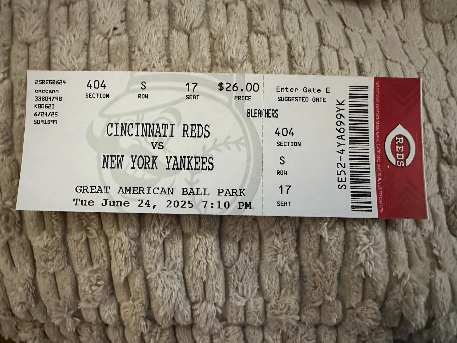Chase Burns Debut Ticket Stub June 24, 2025 6/24/25 Cincinnati Reds 8 Ks Yankees