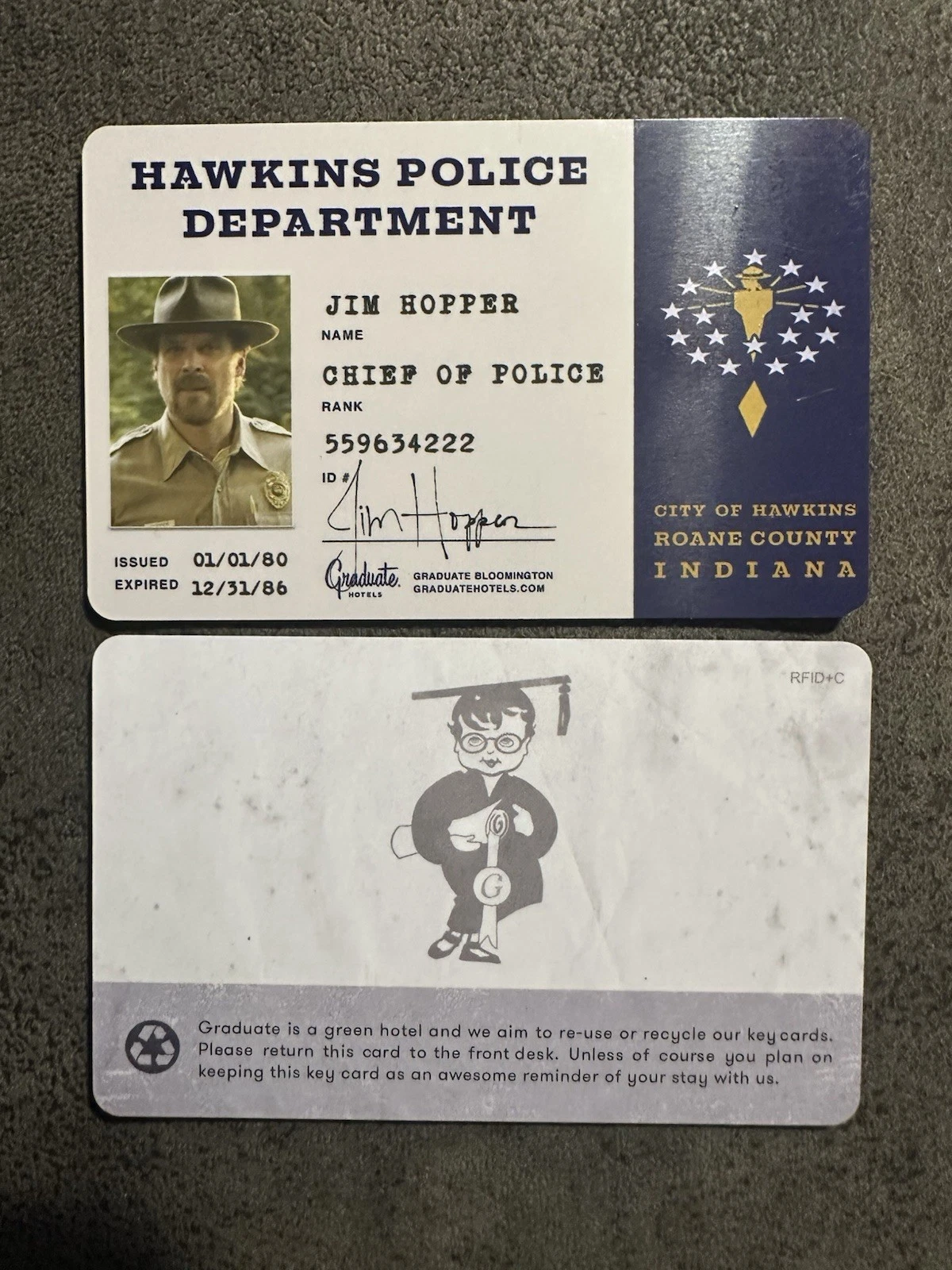 THE GRADUATE HOTEL BLOOMINGTON INDIANA KEY CARD STRANGER THINGS JIM HOPPER COLLECTIBLE MEMORABILIA