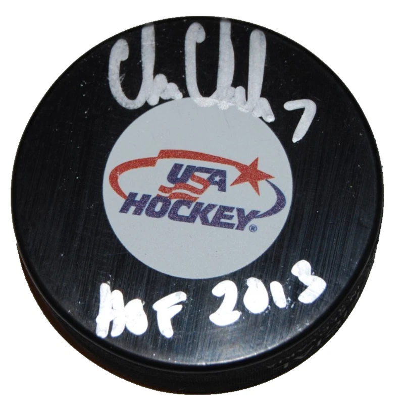 CHRIS CHELIOS signed (TEAM USA) Blackhawks hockey puck BECKETT BR25955