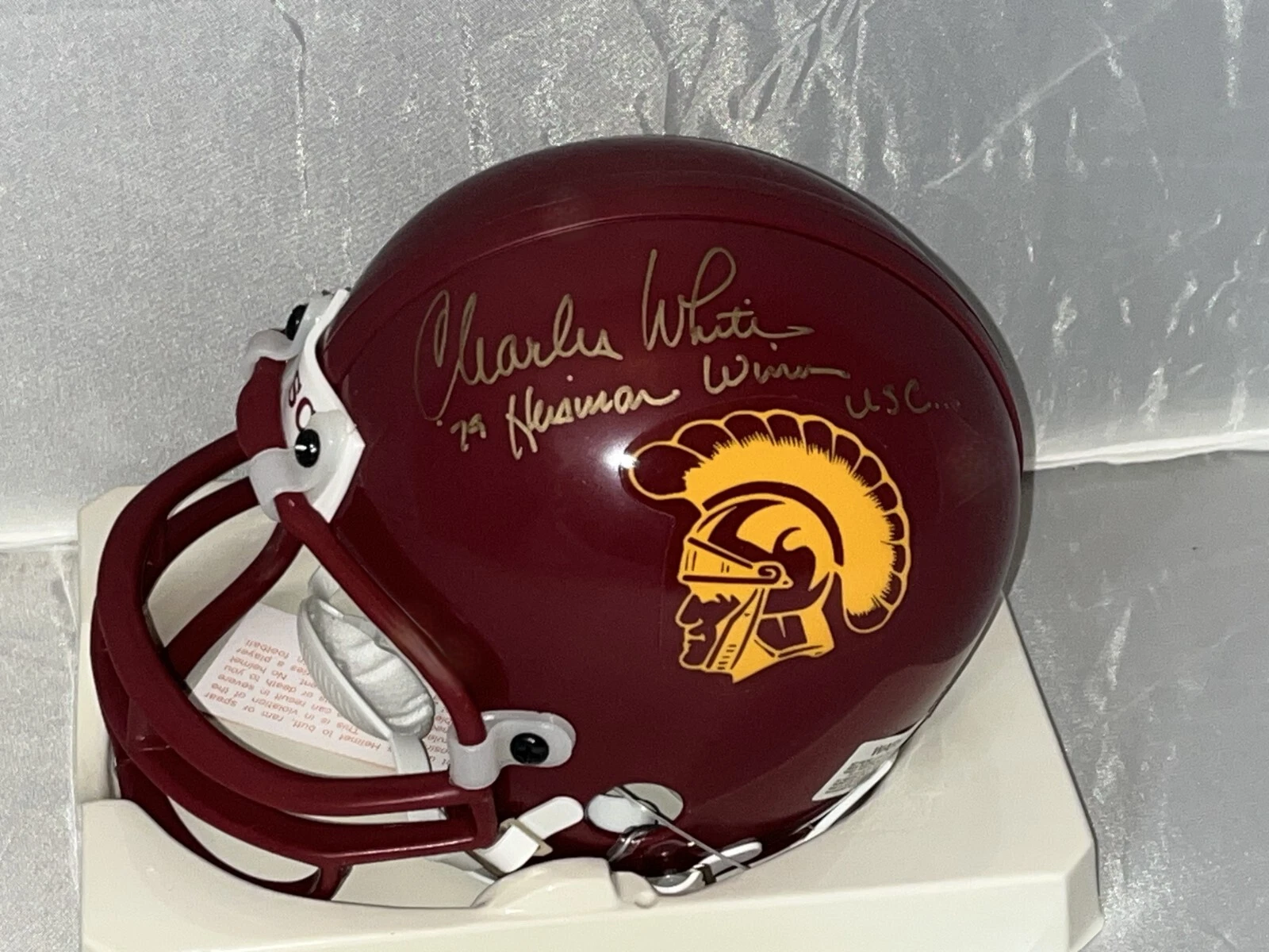Charles White signed USC Trojans mini helmet W/ Heisman Inscription Beckett COA