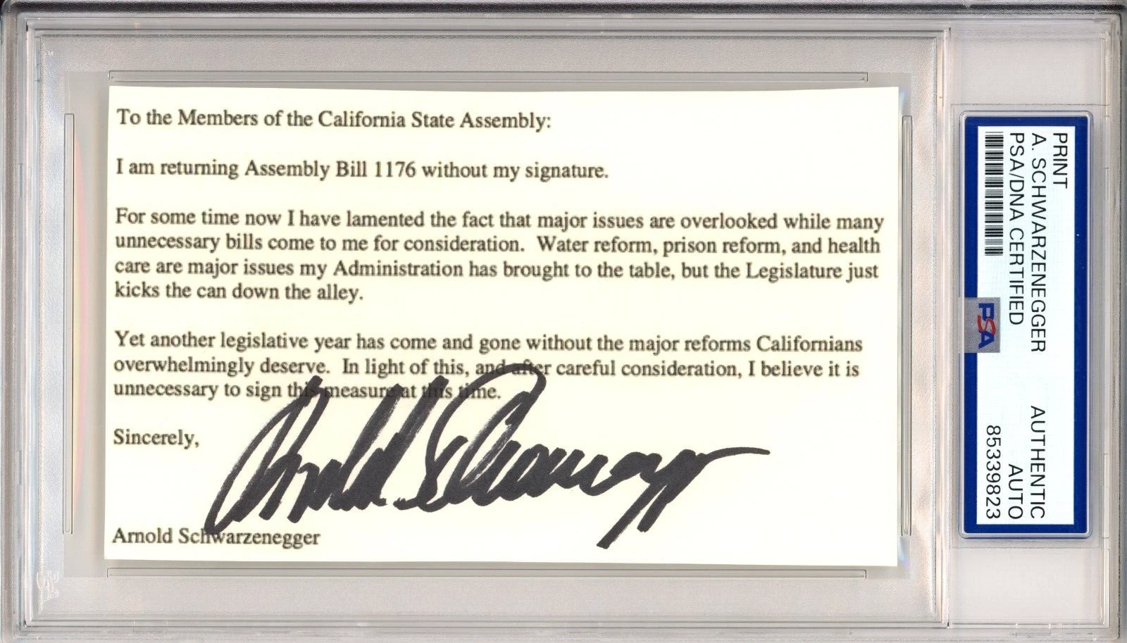 SIGNED Arnold Schwarzenegger ICONIC CALIFORNIA LETTER PSA DNA COA Autographed