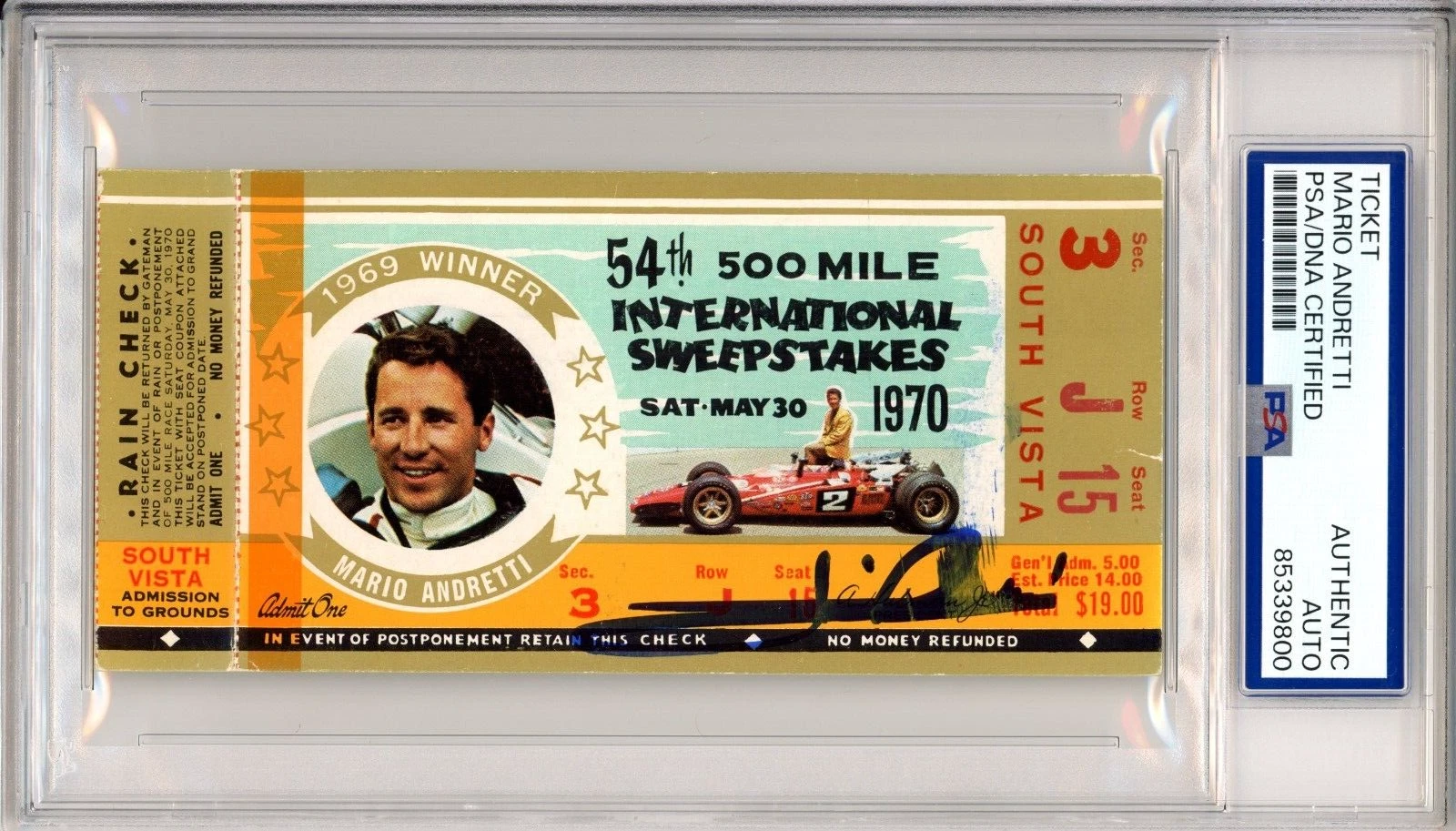 1970 Indy Indianapolis 500 Ticket  Stub Signed Mario Andretti PSA DNA Autograph