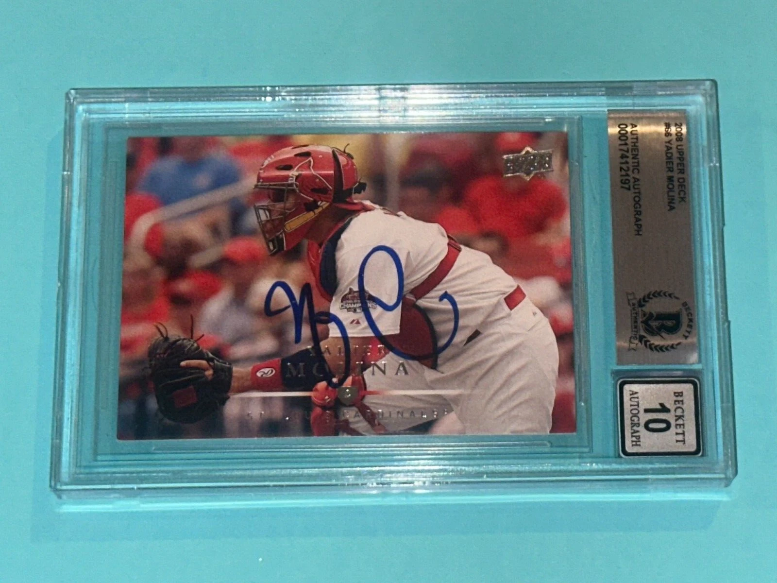 YADIER MOLINA Signed 2008 UPPER DECK Card #66 Beckett BAS AUTO 10