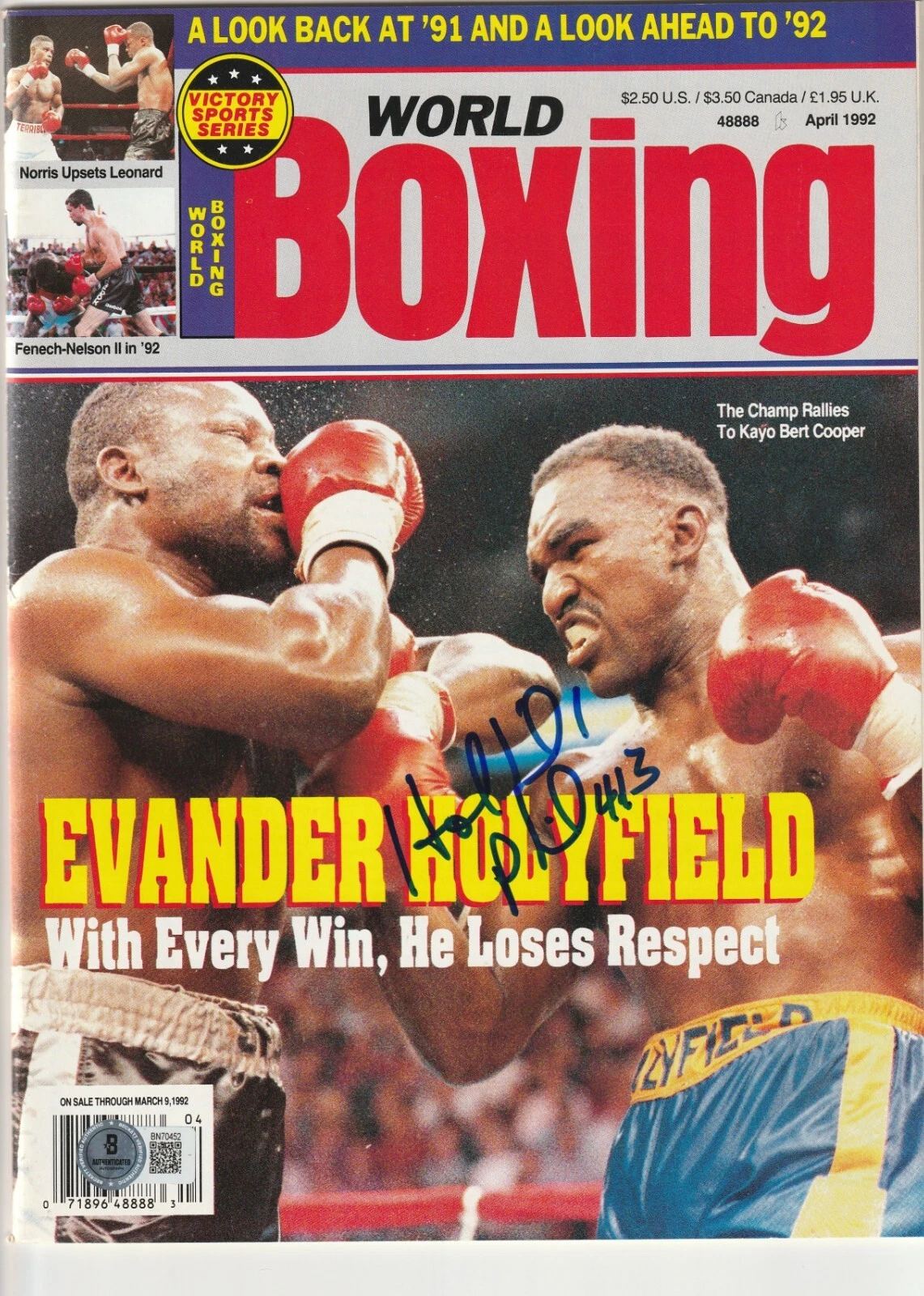 EVANDER HOLYFIELD Signed APR 1992 WORLD BOXING Magazine Beckett Auth (BAS)