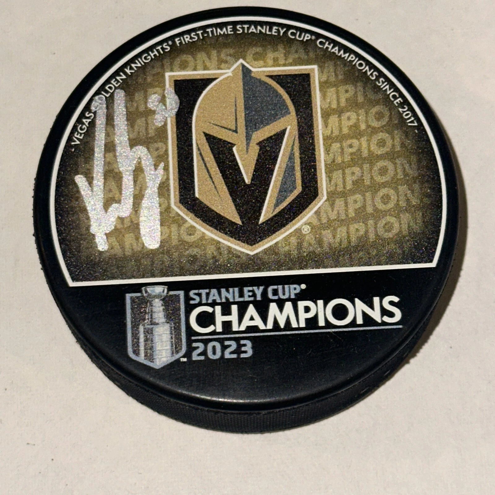 KEEGAN KOLESAR Signed KNIGHTS 2023 STANLEY CUP CHAMPS Puck Beckett (BAS)