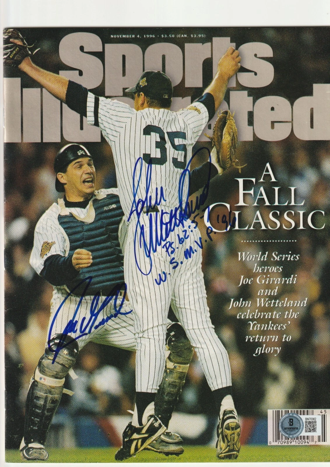 JOE GIRARDI & JOHN WETTELAND Signed 11/4/96 SPORTS ILLUSTRATED Beckett NO LABEL