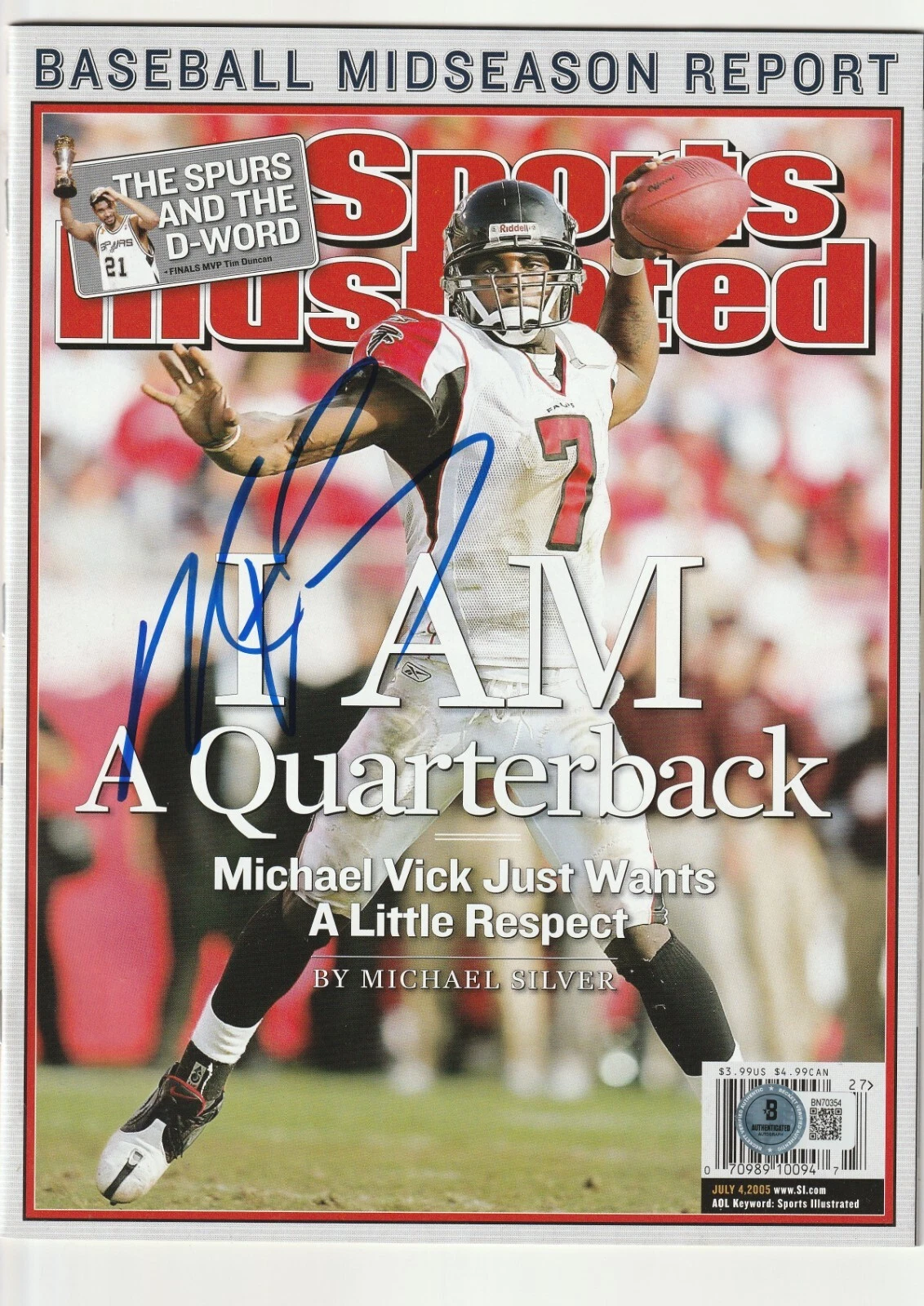 MICHAEL VICK Signed 7/4/05 SPORTS ILLUSTRATED Beckett Auth (BAS) NO LABEL