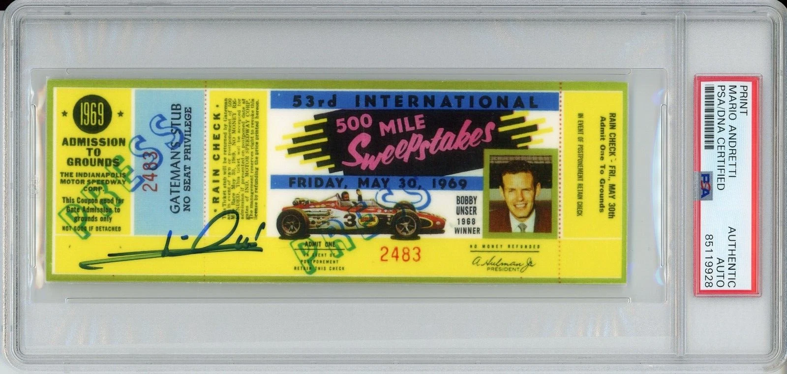 Replica 1969 Indy Indianapolis 500 Ticket Signed Mario Andretti Winner PSA DNA