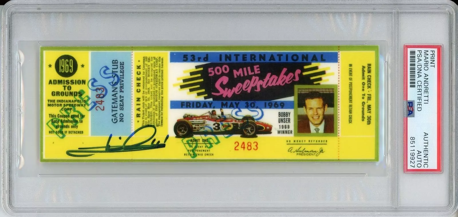 Replica 1969 Indy Indianapolis 500 Ticket SIGNED by Mario Andretti PSA DNA COA