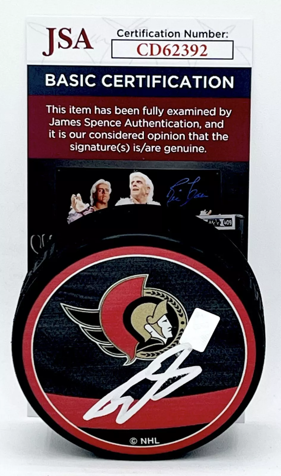 Ridly Greig signed Ottawa Senators Reverse Retro Puck autographed #2 JSA