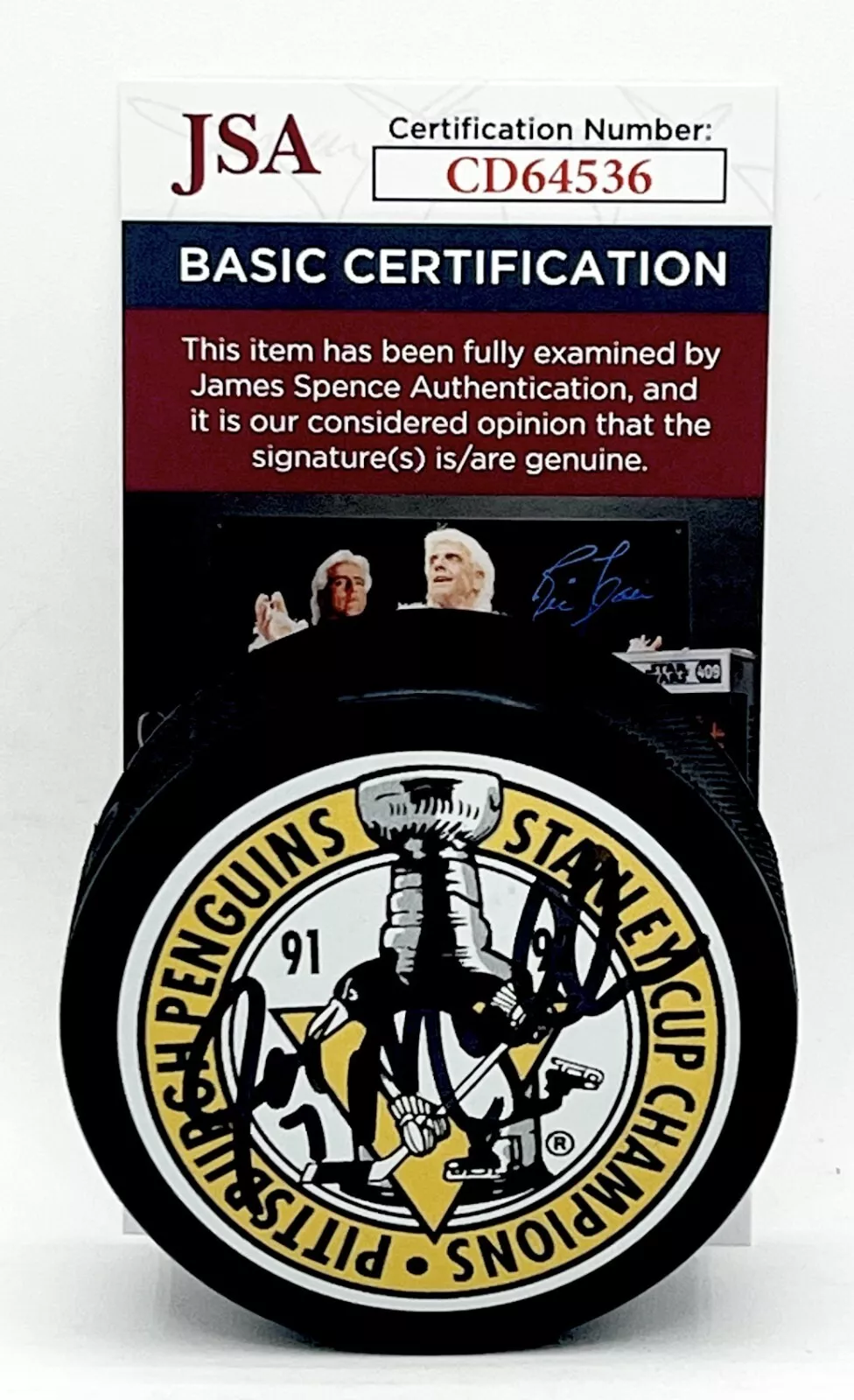 Joe Mullen signed Pittsburgh Penguins 1992 Stanley Cup Champs Puck JSA