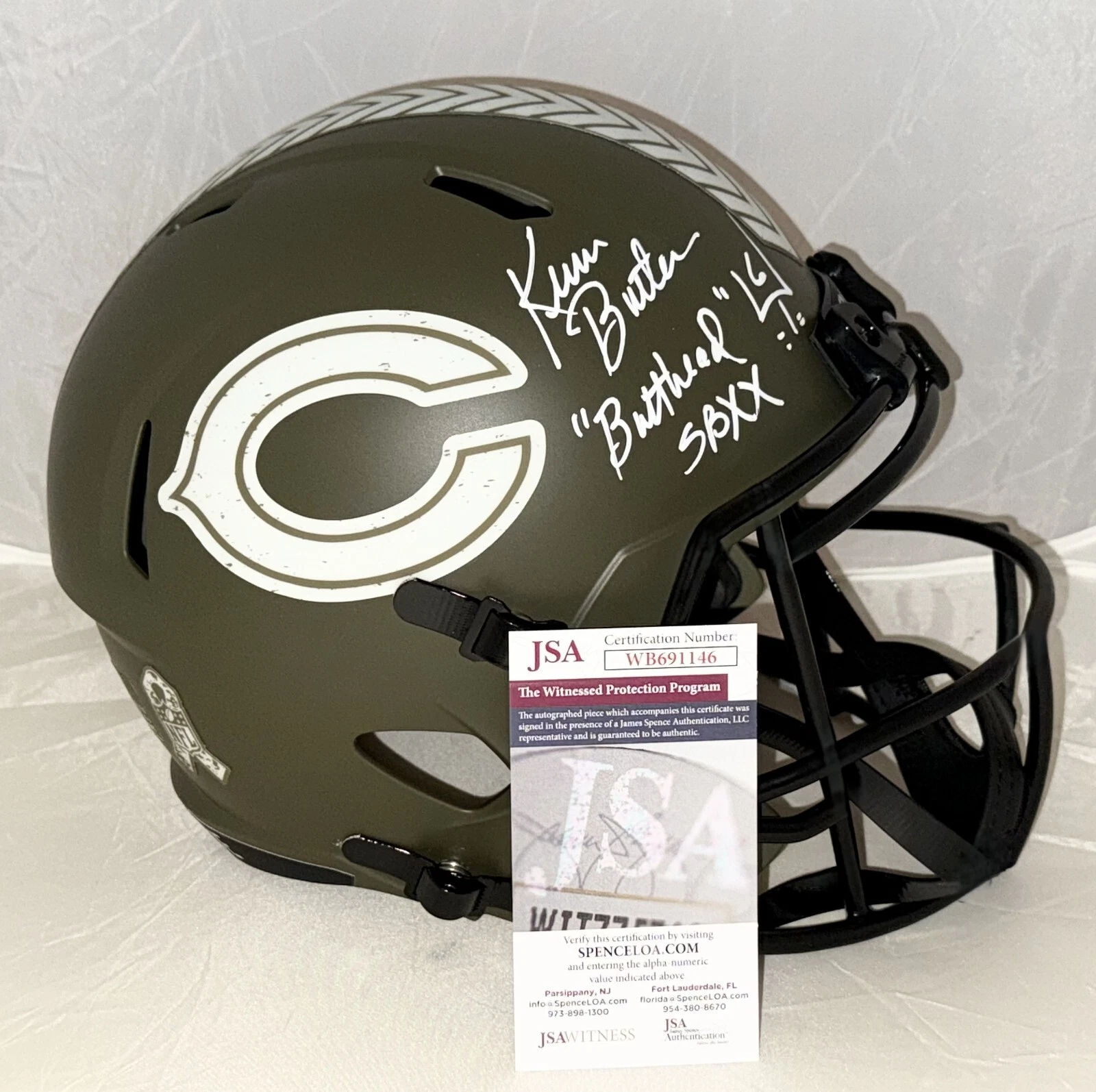 Kevin Butler signed Chicago Bears Salute To Service Full Size Helmet JSA Witness