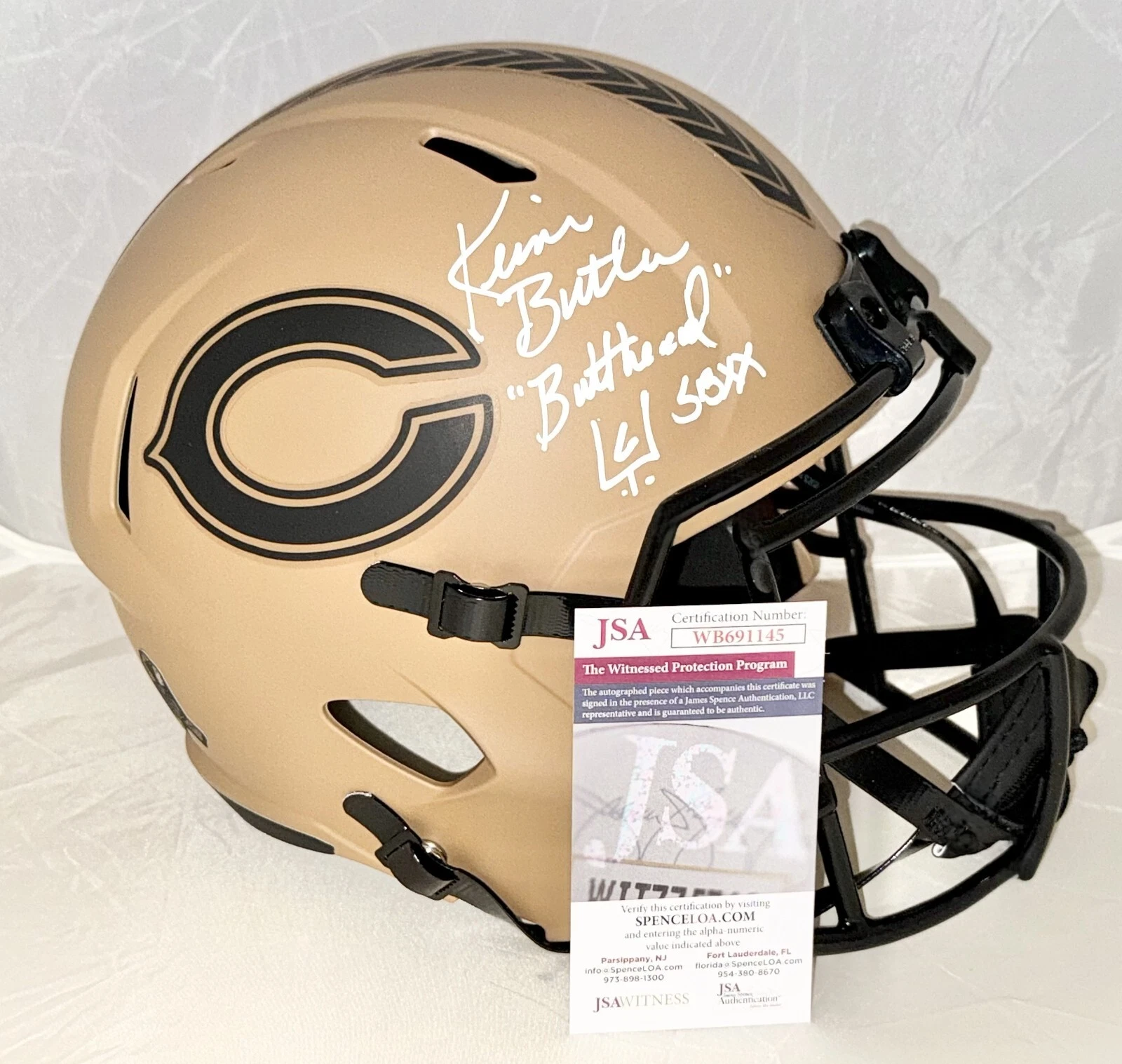 Kevin Butler signed Chicago Bears Salute To Service Full Size Helmet #3 JSA Witn