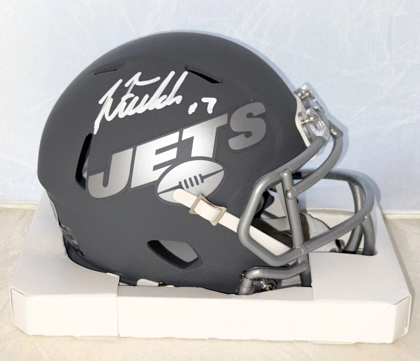 Justin Fields signed New York Jets Slate mini helmet Beckett Witnessed