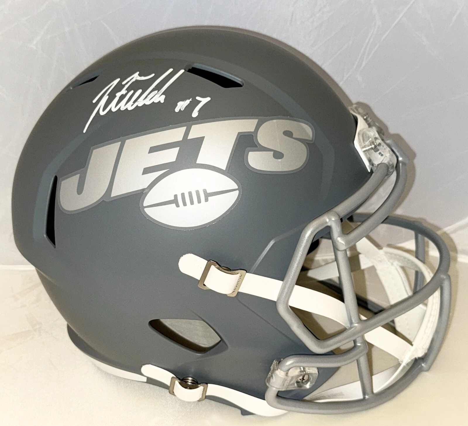 Justin Fields signed New York Jets Slate Full Size Helmet Beckett Witnessed