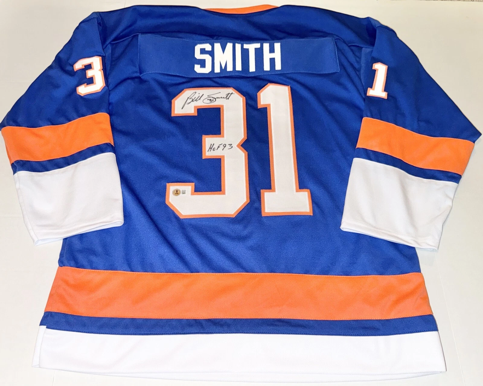Billy Smith New York Islanders signed Custom jersey W/ HOF #1 Beckett Witnessed