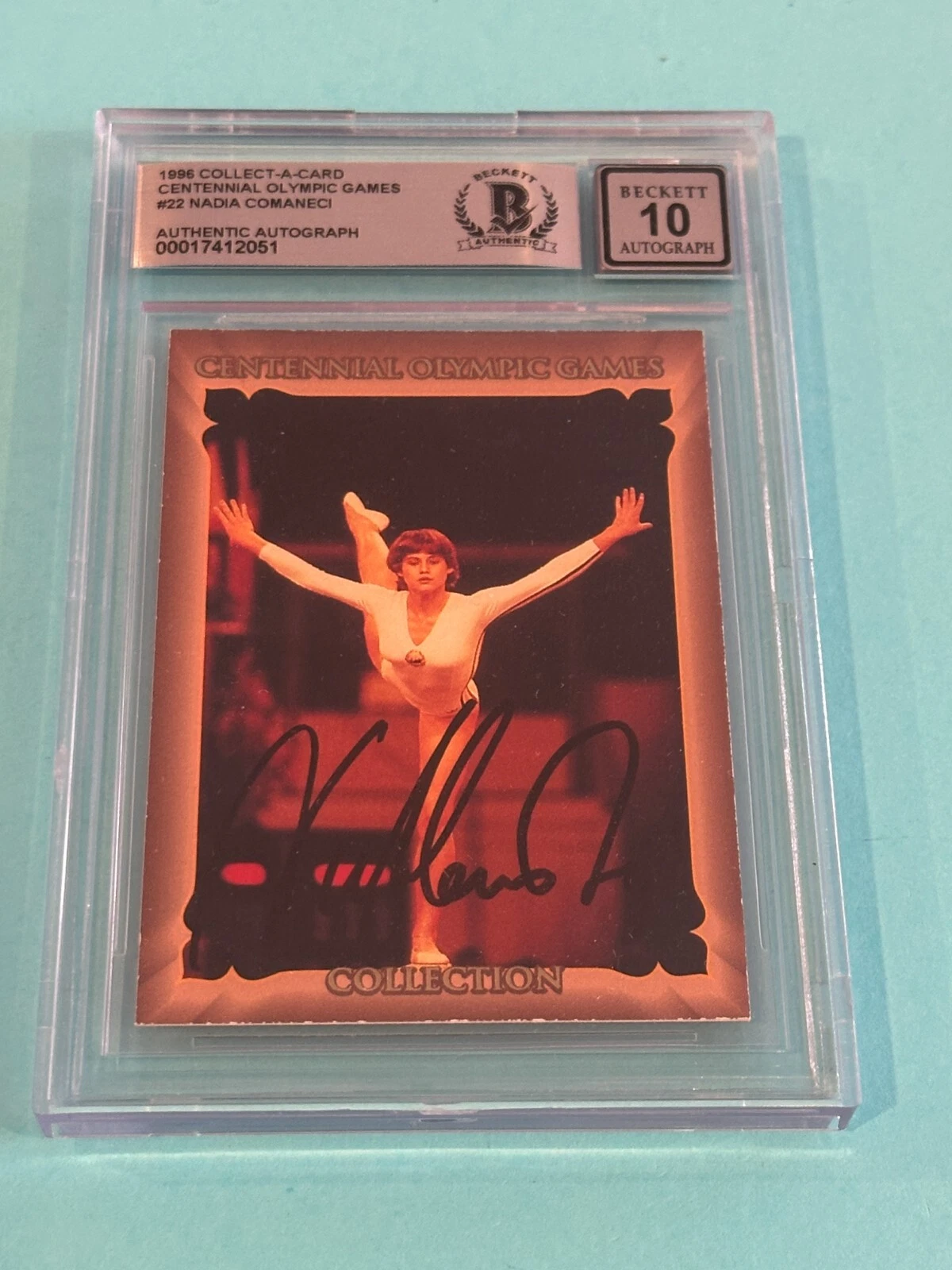 NADIA COMANECI Signed 1996 CENTENIAL OLYMPIC GAMES Card #22 Beckett BAS AUTO 10
