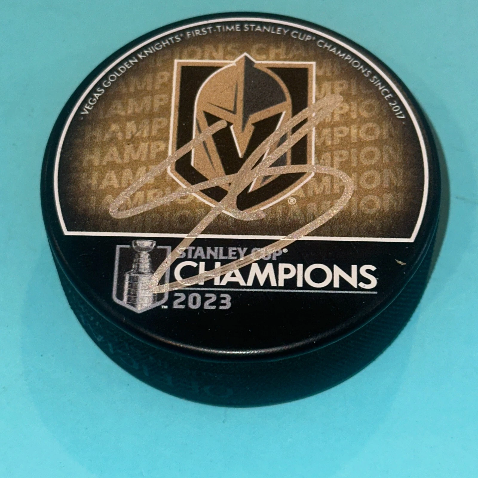 SHEA THEODORE (Knights) Signed 2023 STANLEY CUP CHAMPS Puck Beckett (BAS)