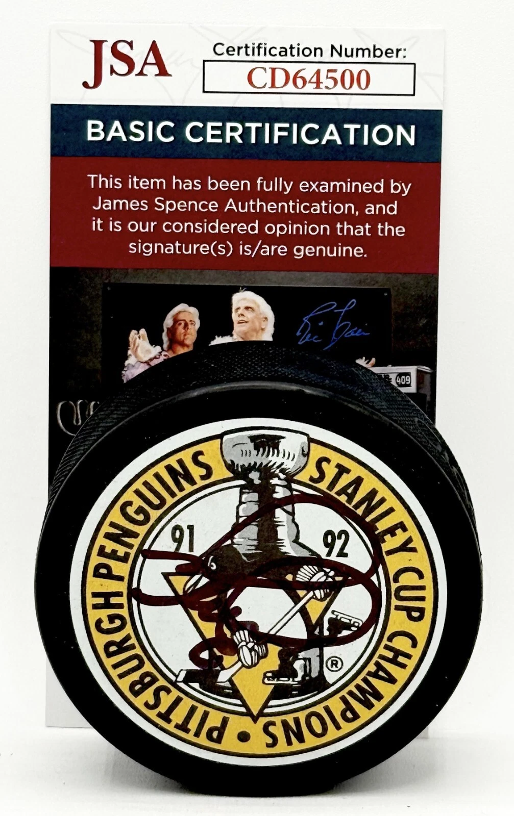 Mark Recchi signed Pittsburgh Penguins 1992 Stanley Cup Champs Puck JSA COA