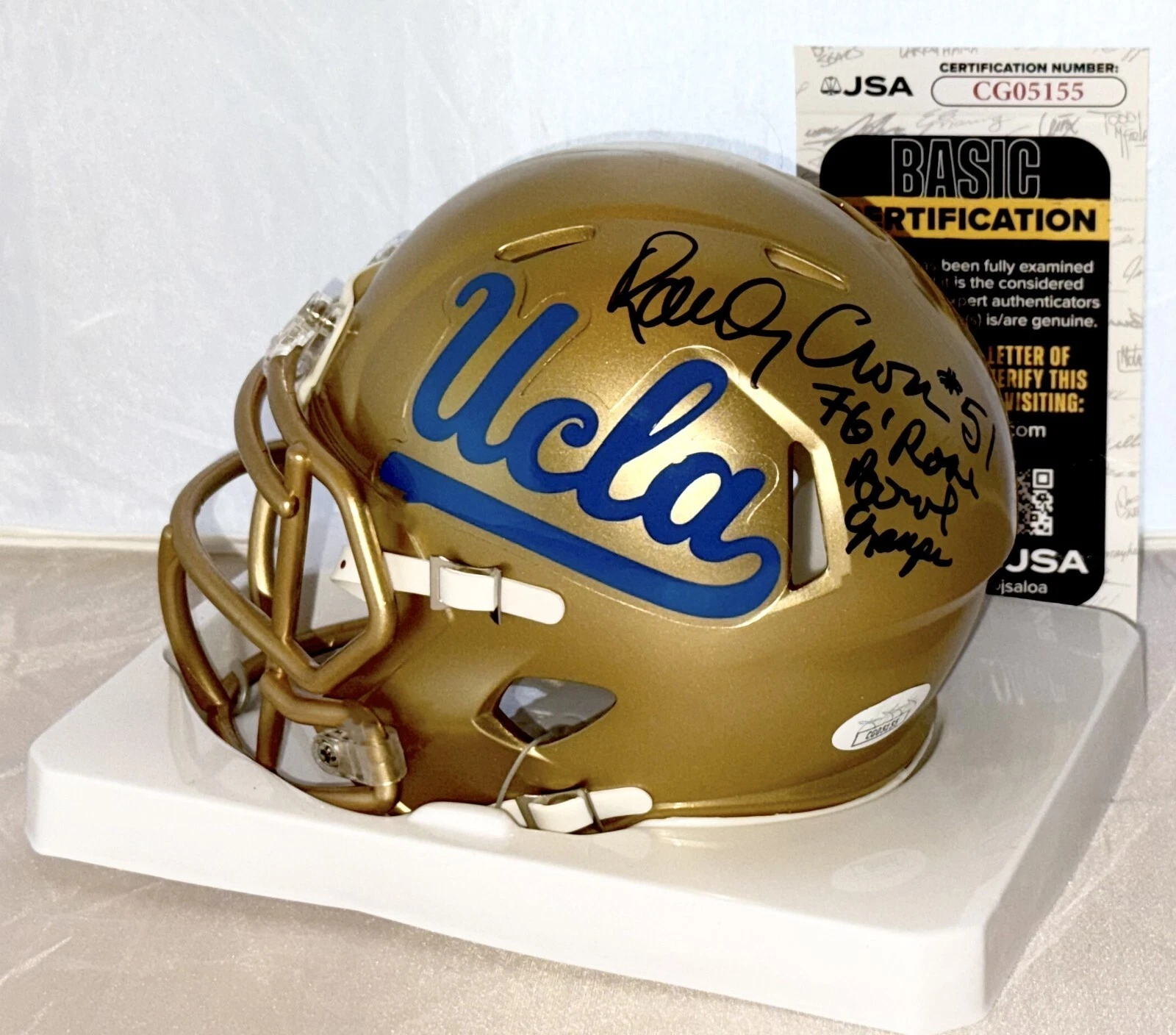 Randy Cross signed UCLA Bruins Gold mini helmet autographed W/ Inscription JSA