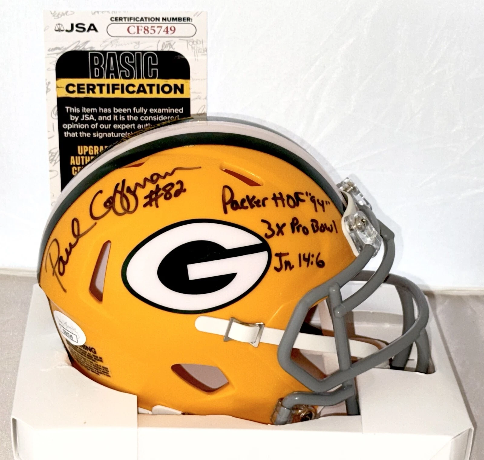 Paul Coffman signed Green Bay Packers Throwback mini helmet W/ Inscriptions JSA