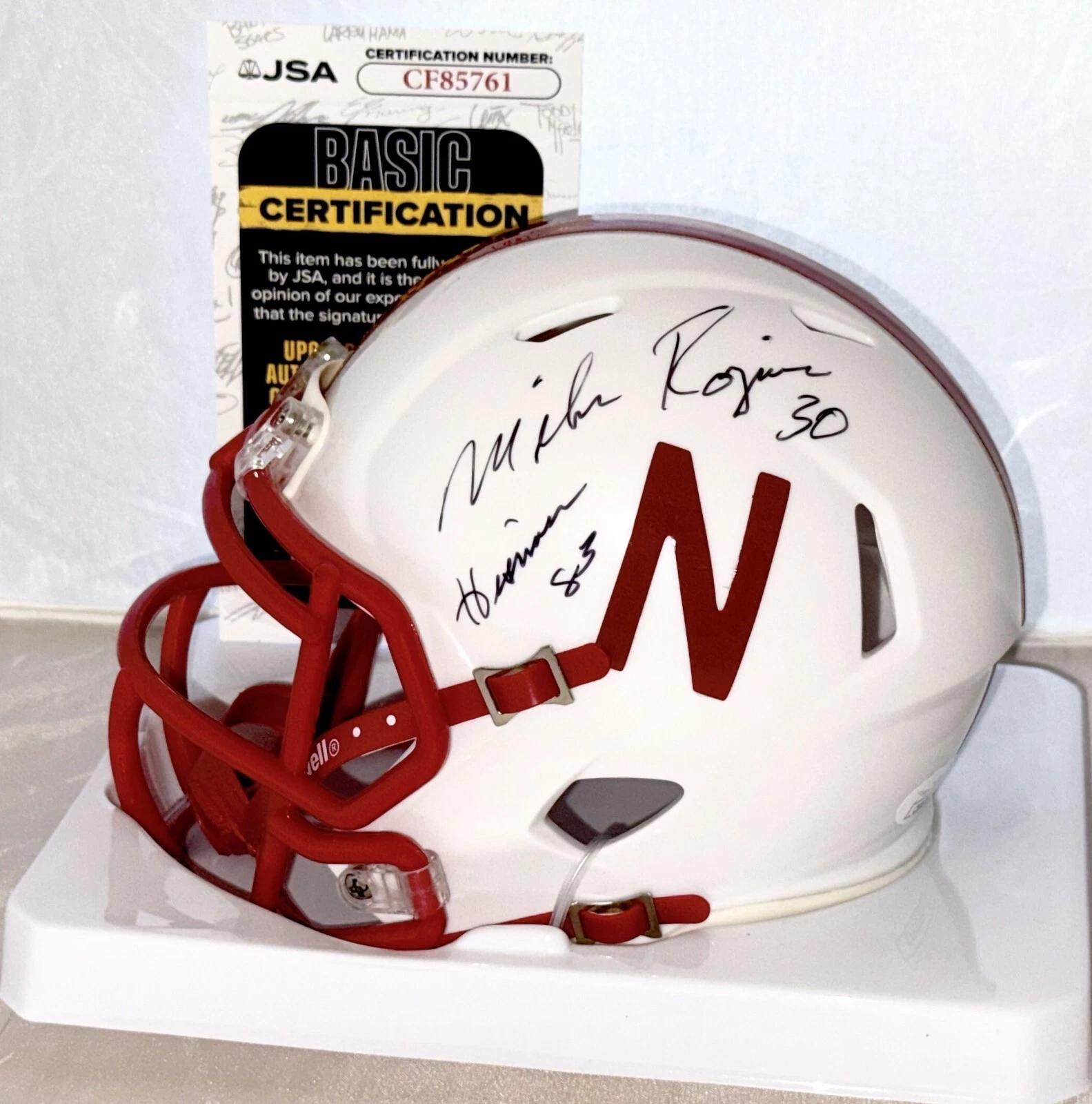 Mike Rozier signed Nebraska Cornhuskers mini helmet W/ Heisman Inscription JSA