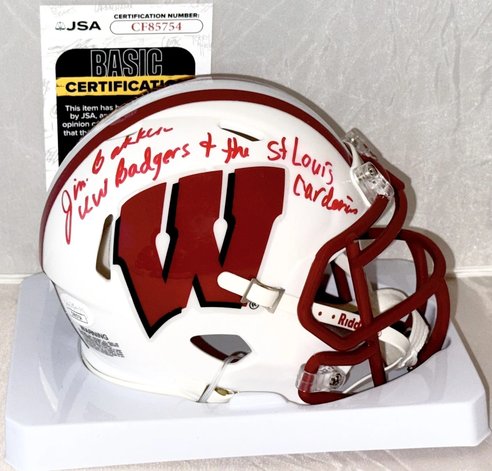 Jim Bakken signed Wisconsin Badgers mini helmet W/ Inscription autographed JSA