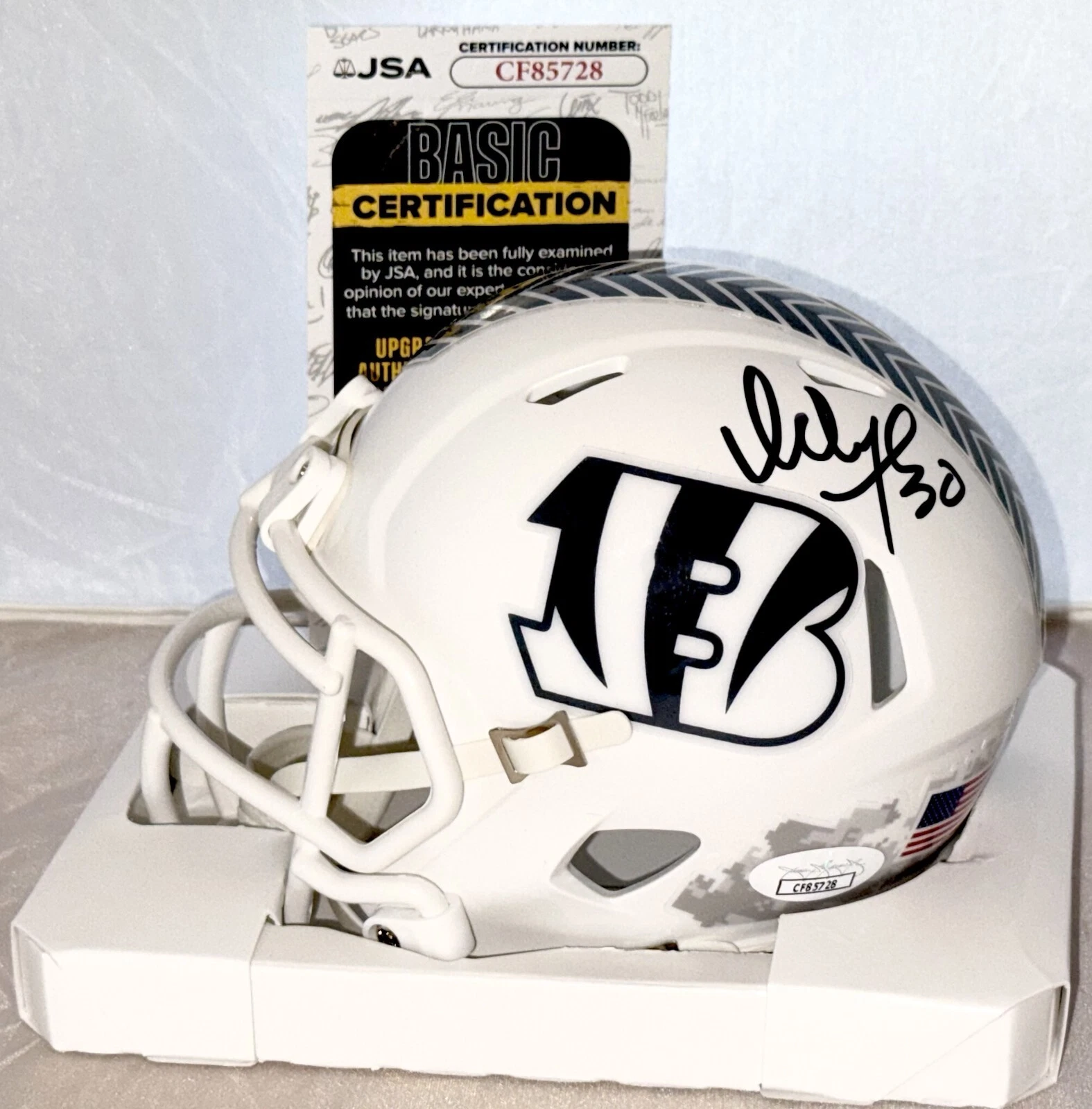Ickey Woods signed Cincinnati Bengals Salute To Service mini helmet JSA