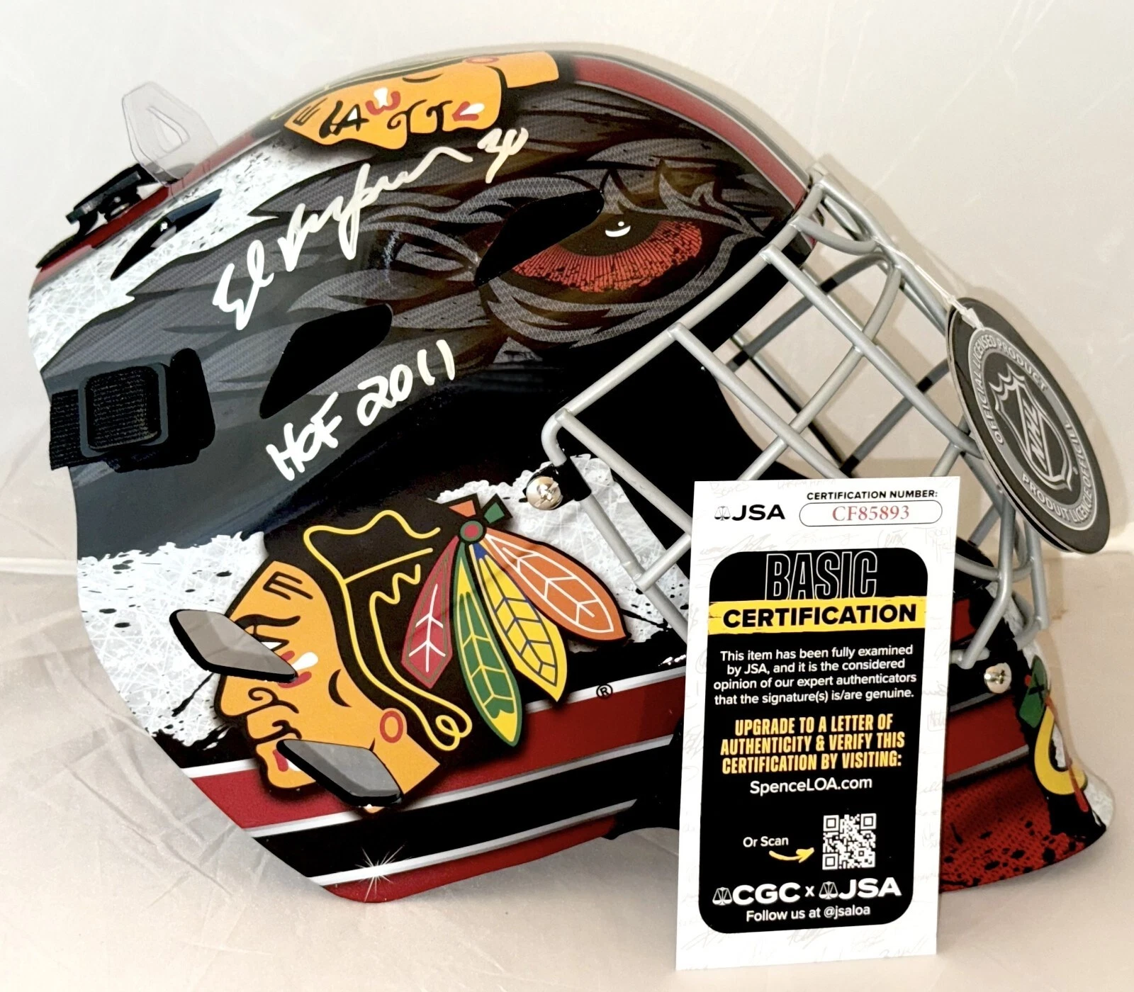 Ed Belfour signed Chicago Blackhawks Full Size Goalie Mask + HOF Inscription JSA