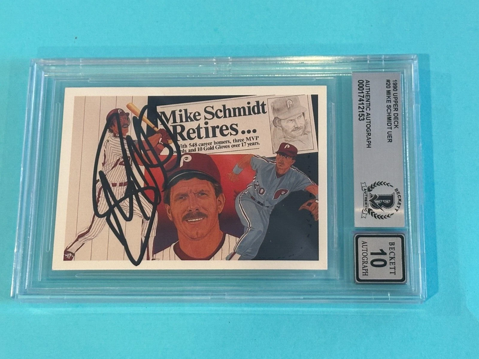 MIKE SCHMIDT Signed 1990 UPPER DECK Card #20 Beckett Auth (BAS) AUTO 10