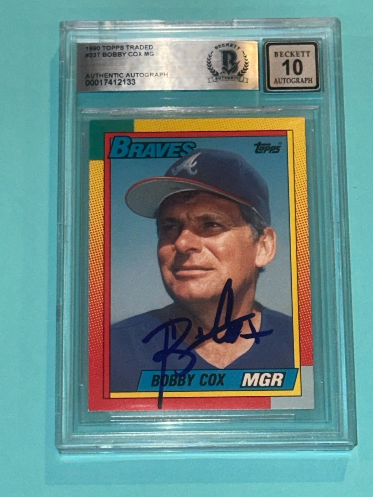 BOBBY COX Signed 1990 TOPPS TRADED Card #23T Beckett Auth.  (BAS) AUTO 10