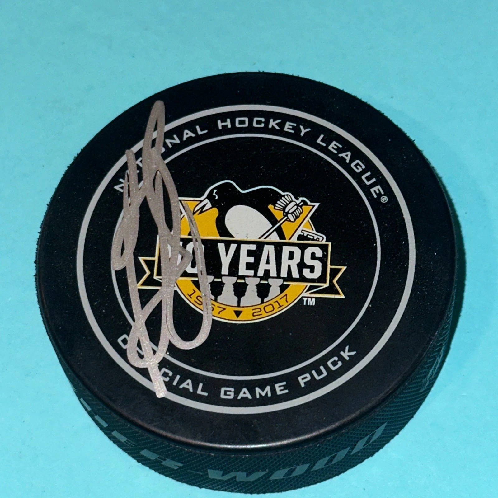 RON FRANCIS Signed Pittsburgh PENGUINS 50th Ann. Official GAME Puck Beckett Auth