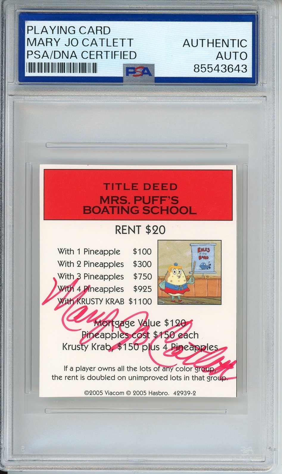 SPONGEBOB SQUAREPANTS MRS PUFF MONOPOLY CARD SIGNED MARY JO CATLETT PSA DNA COA