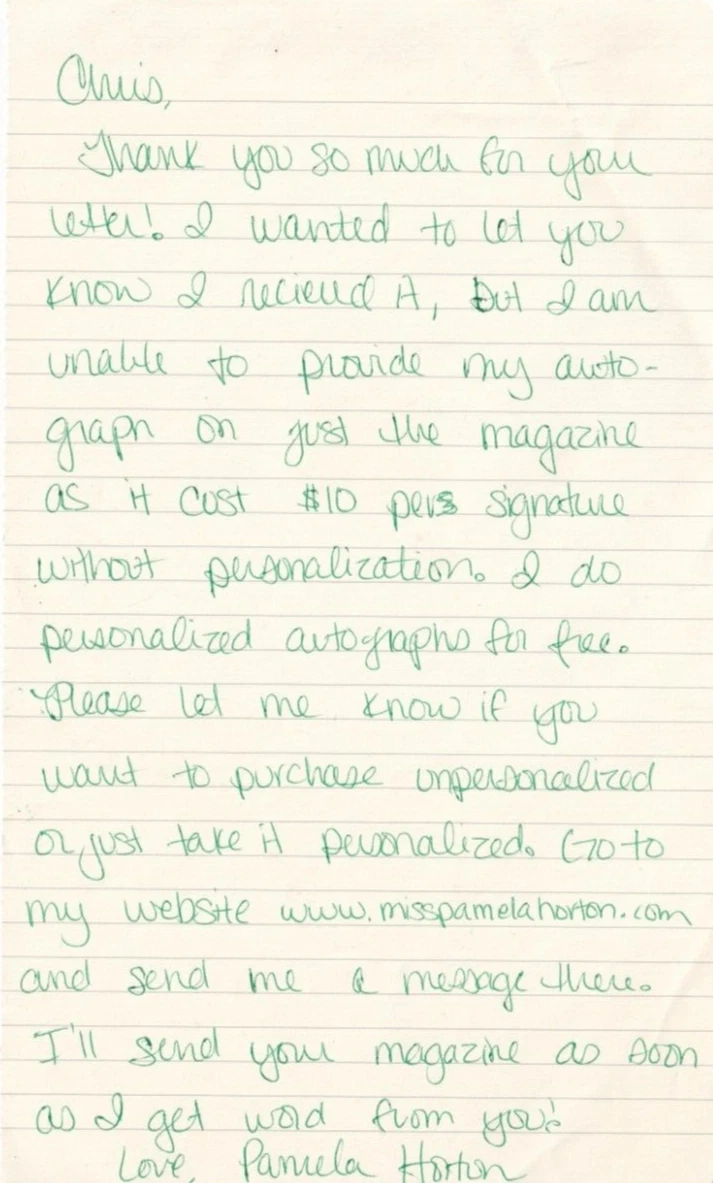 Pamela Horton REAL hand SIGNED handwritten letter ALS Playboy Playmate Oct. 2012