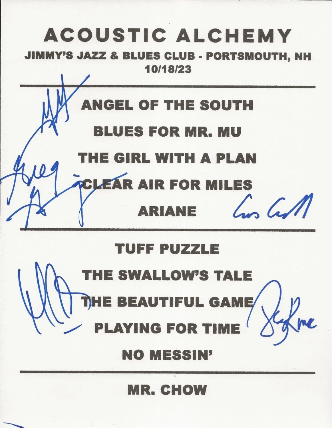 ACOUSTIC ALCHEMY HAND SIGNED NOVELTY CONCERT SETLIST #1 COA AUTOGRAPHED BY 5 COLLECTIBLE MEMORABILIA
