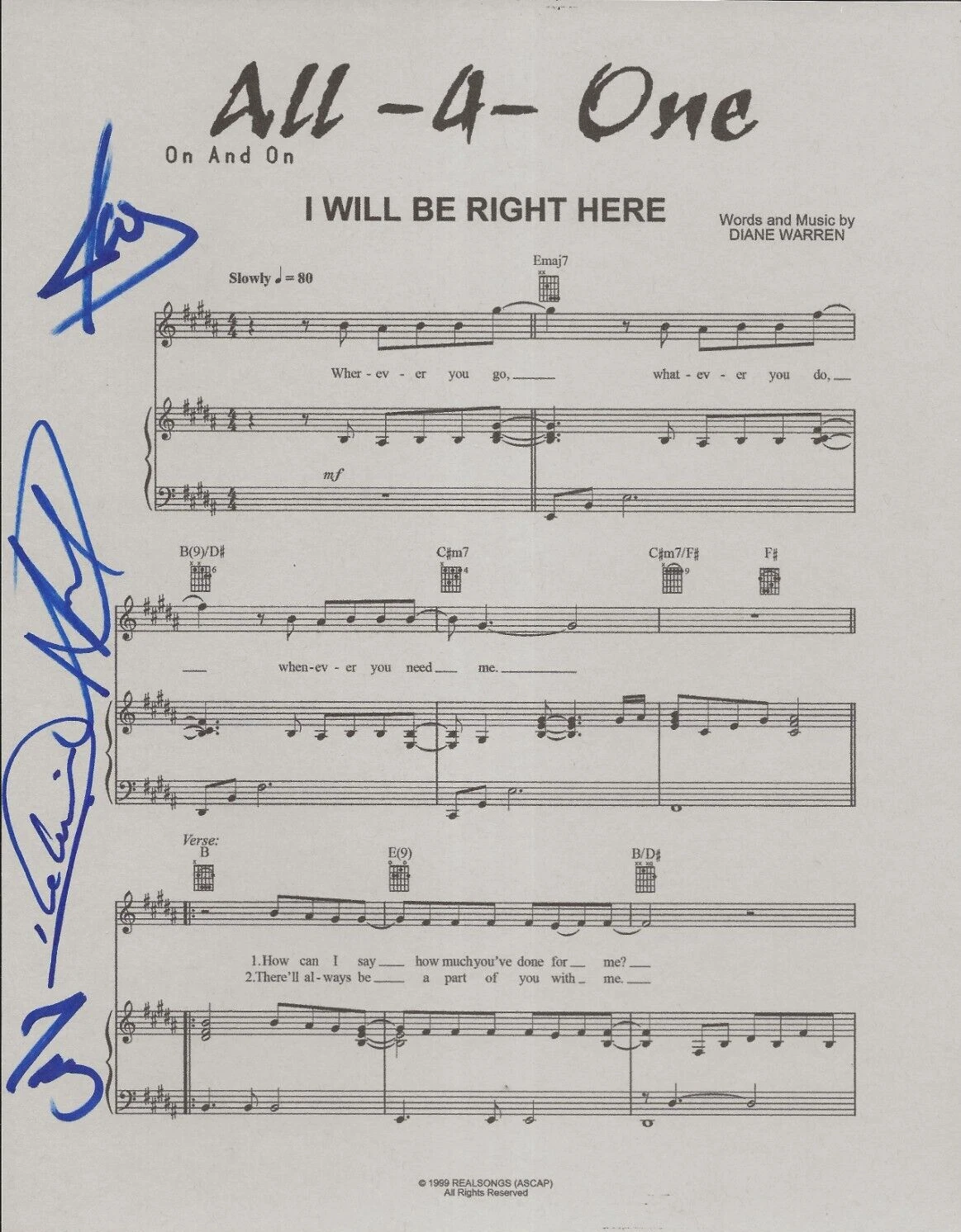 All-4-One REAL hand SIGNED I Will Be Right Here Sheet Music COA Autographed