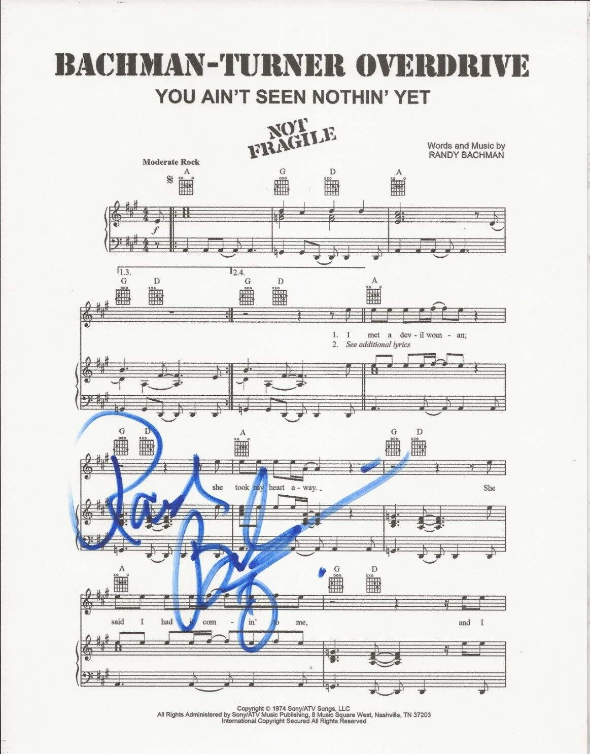 Bachman-Turner Overdrive SIGNED Ain't Seen Sheet Music COA by Randy Guess Who