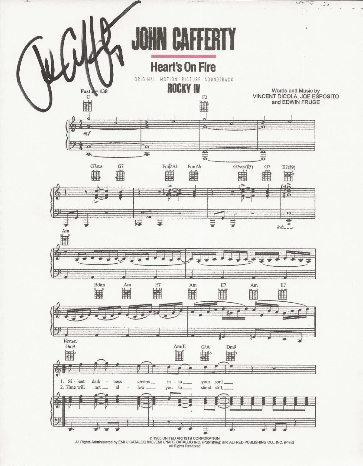 John Cafferty REAL SIGNED Rocky VI Heart's On Fire Sheet Music COA Beaver Brown