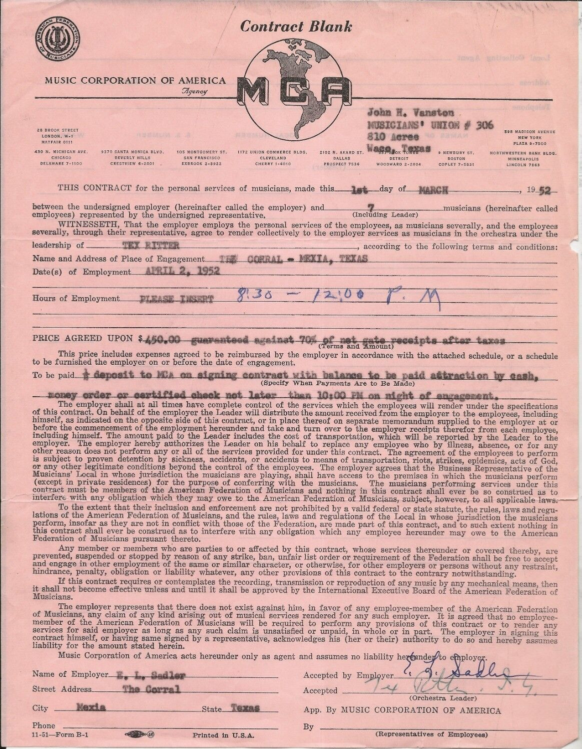 Tex Ritter REAL SIGNED 1952 MCA Music Contract JSA COA Autographed John Father