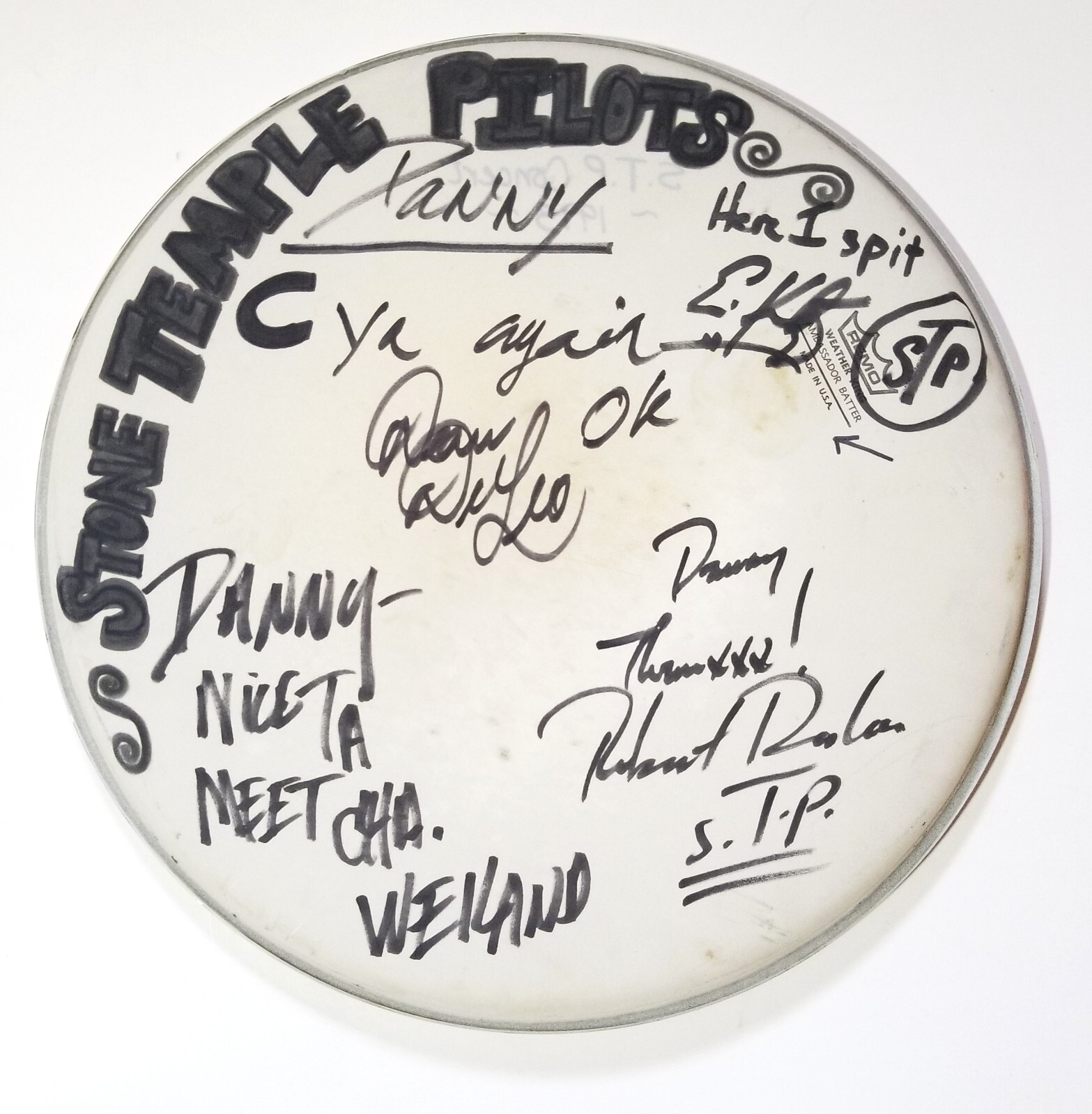 Stone Temple Pilots SIGNED 1993 Concert Drumhead JSA LOA Weiland + Insc Artwork
