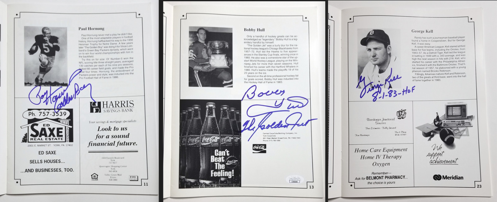 Paul Hornung, Bobby Hull, George Kell SIGNED Sports Night Program JSA COA HOF