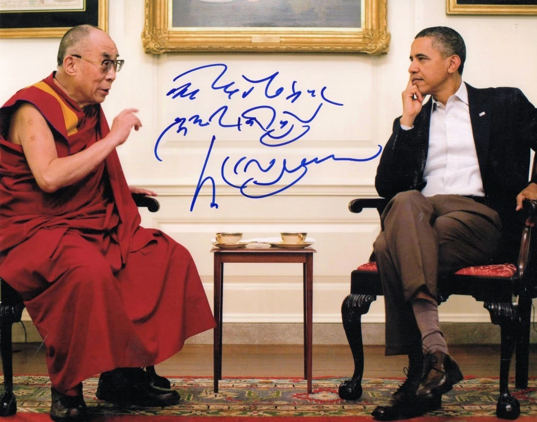 The Dalai Lama Signed Autographed 11X14 Photo Talking to Barack Obama JSA Z34563