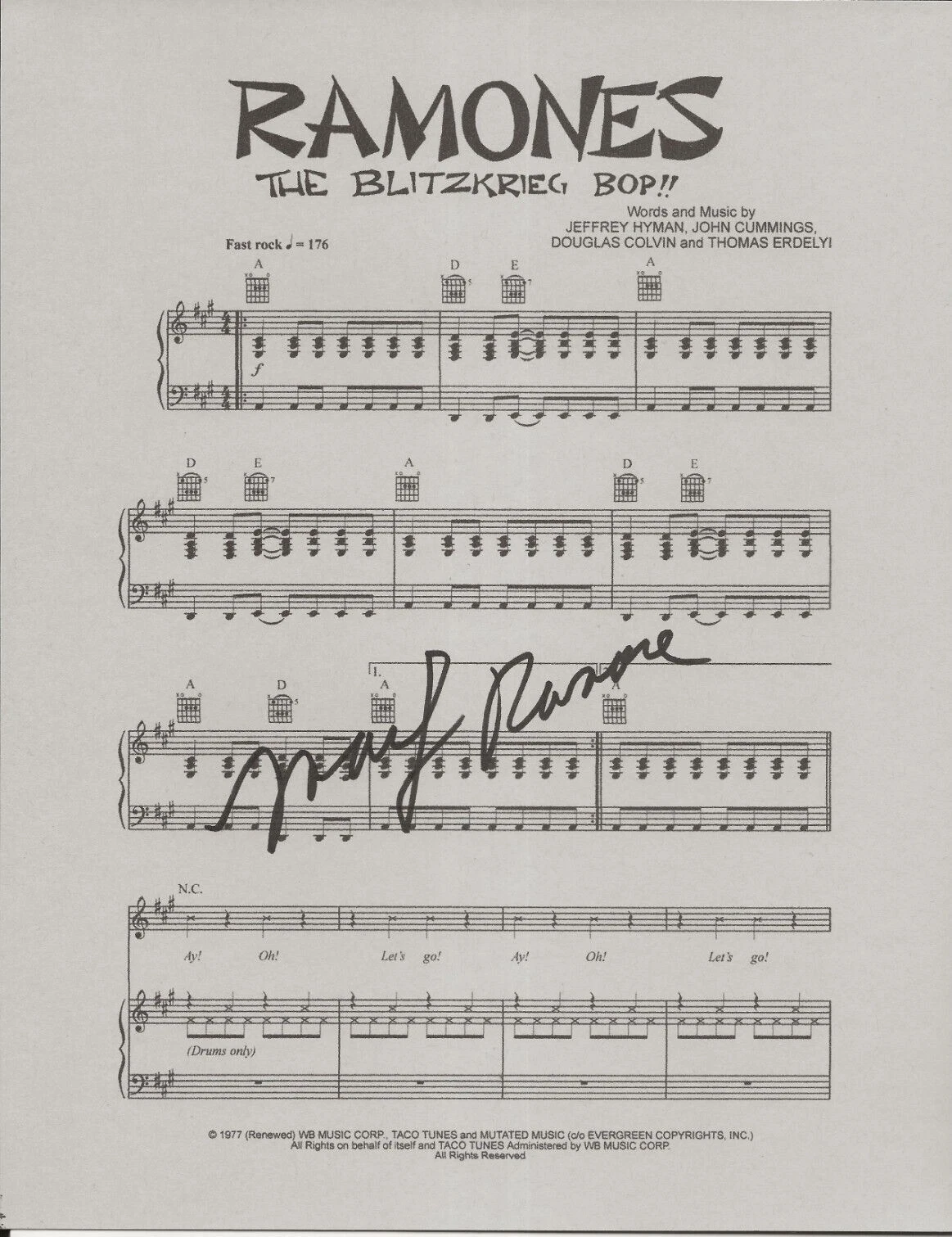 Marky Ramone REAL SIGNED Blitzkrieg Bop Sheet Music COA Autographed The Ramones
