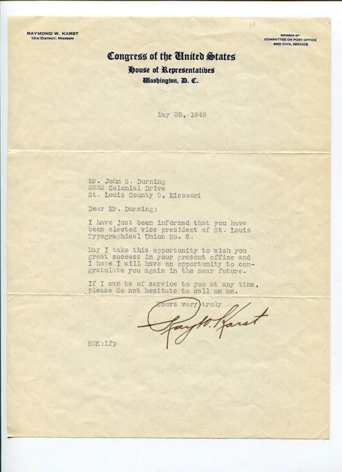 Raymond W Karst Missouri US Representative Congress Signed Autograph TSL