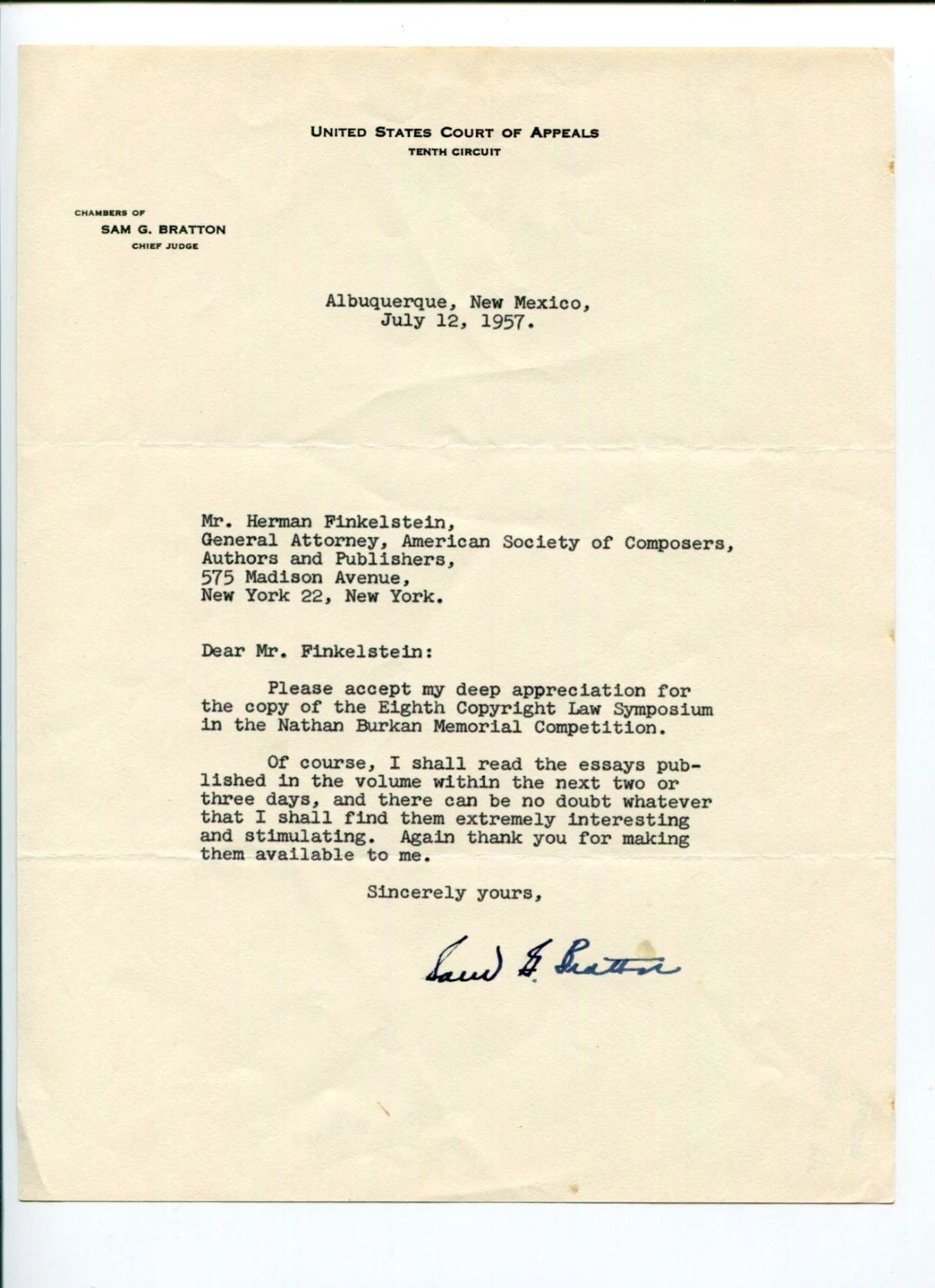 Sam G. Bratton New Mexico US Senator Congress Jurist Signed Autograph TSL