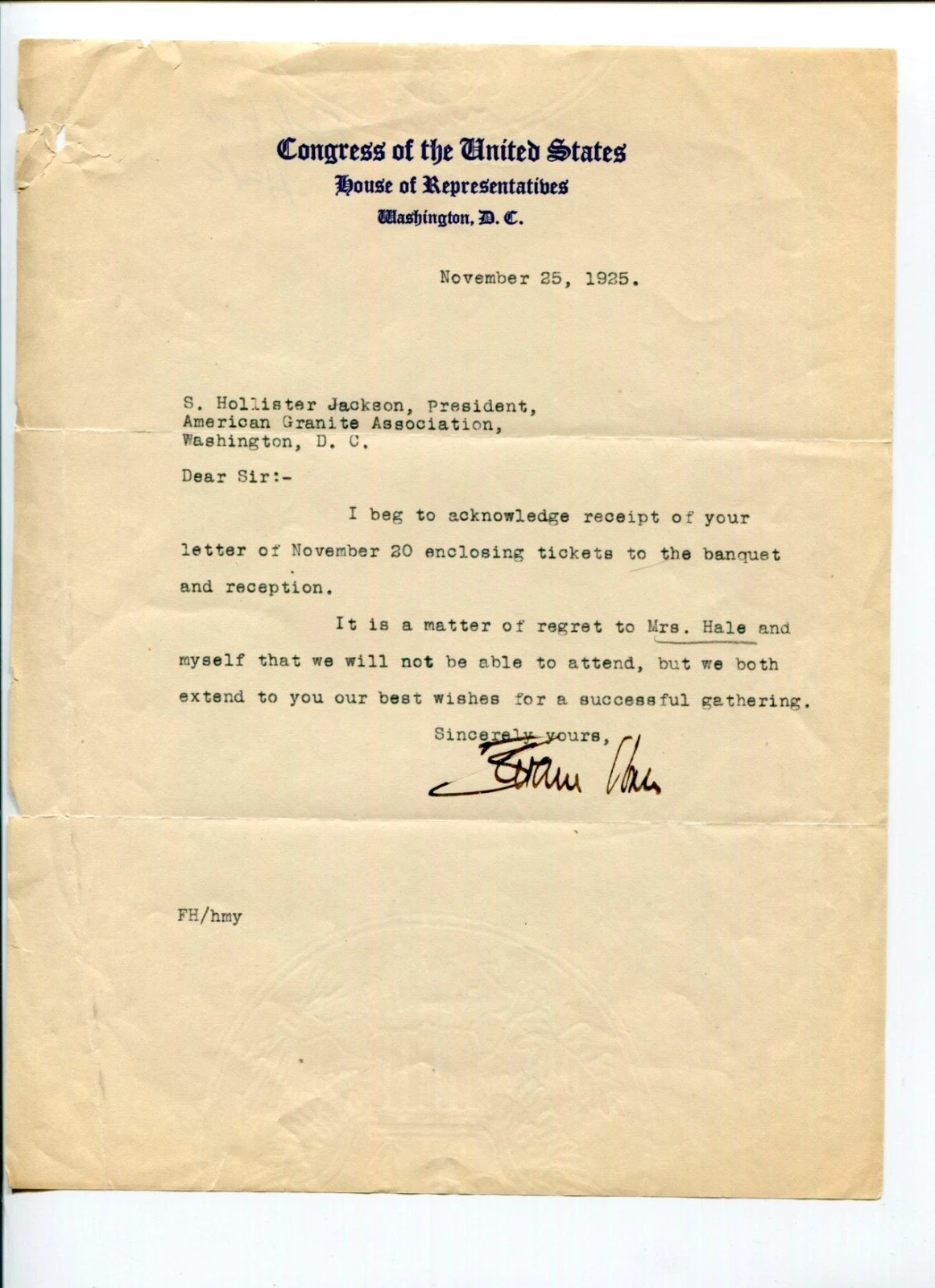 Fletcher Hale New Hampshire US Representative Congress Signed Autograph TSL