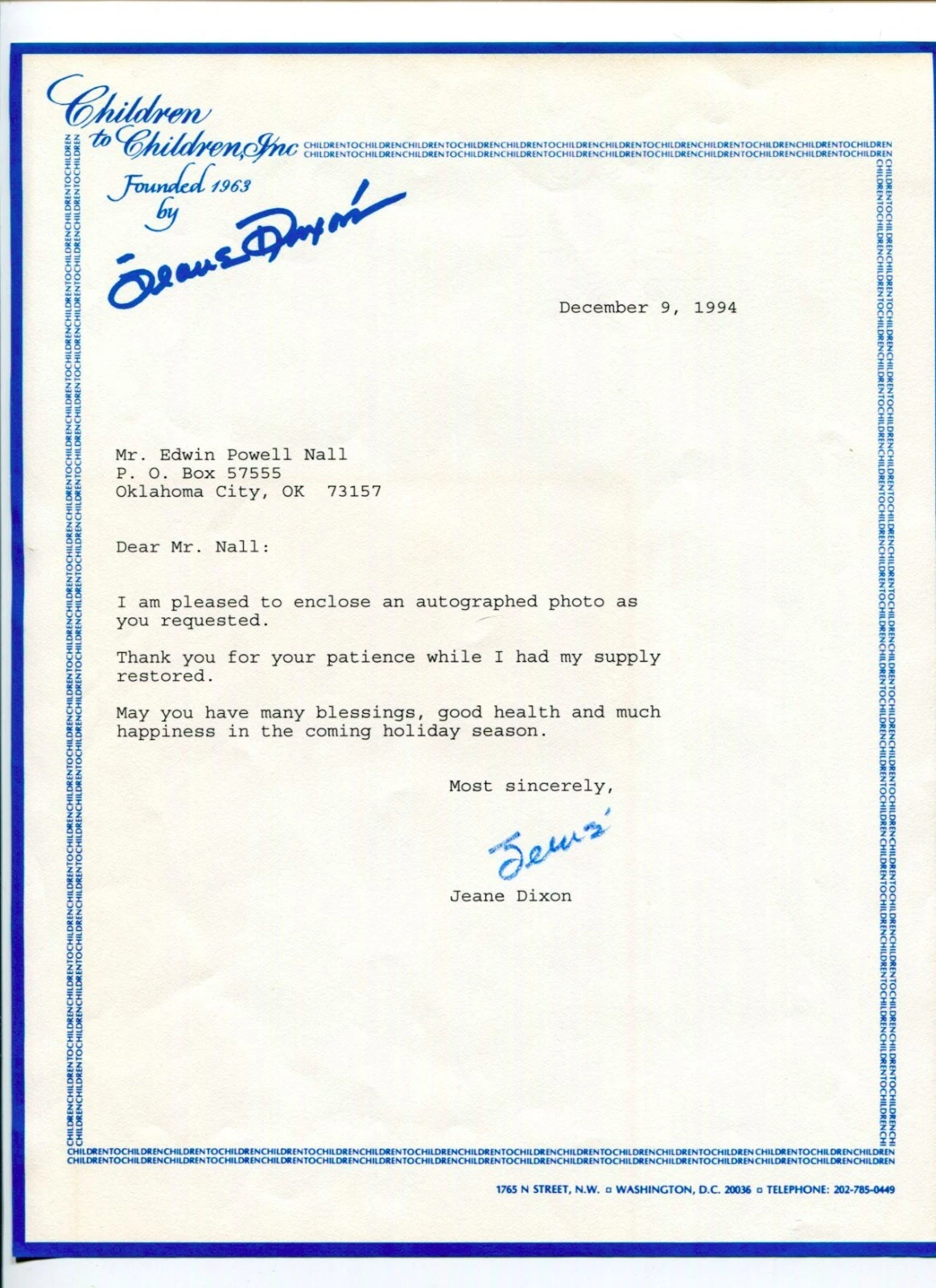 Jeane Dixon Psychic & Author Signed Autograph Letter