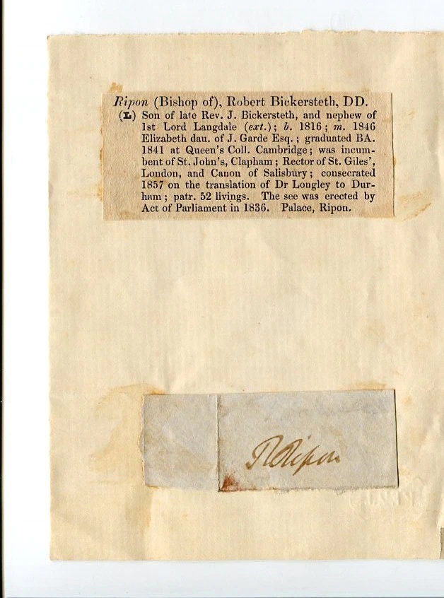 ROBERT BICKERSTETH CLERGY ANGLICAN RELIGIOUS BISHOP OF RIPON SIGNED AUTOGRAPH COLLECTIBLE MEMORABILIA